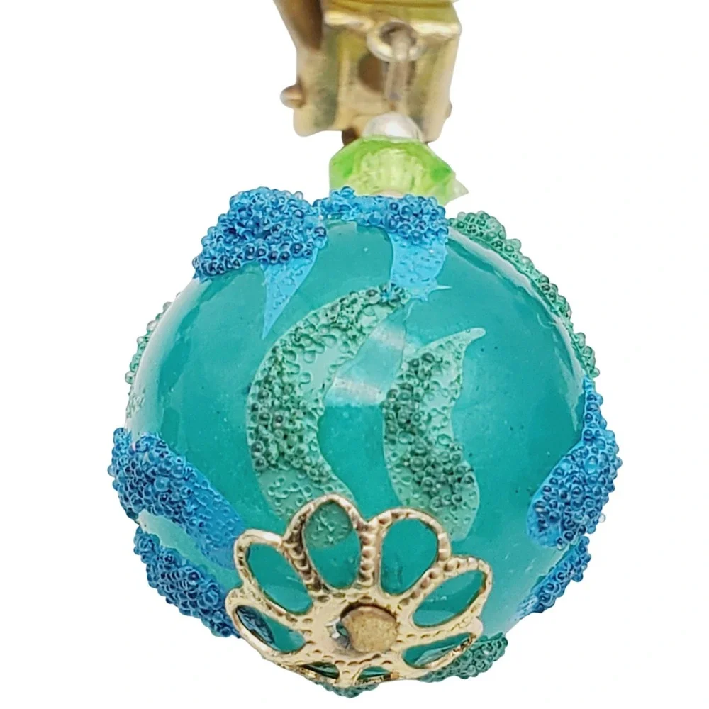 Hong Kong Necklace Clip Earrings Blue Green Flocked Beaded Acrylic Lucite Summer